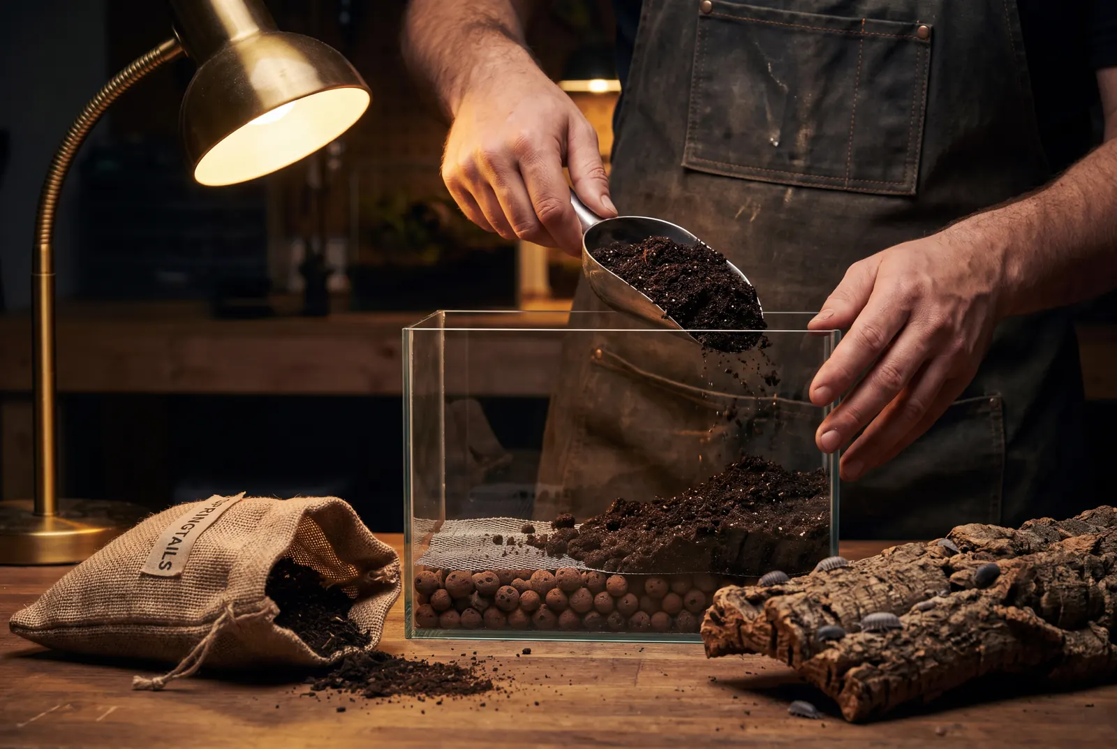 Hands pouring soil over a drainage layer in a new enclosure